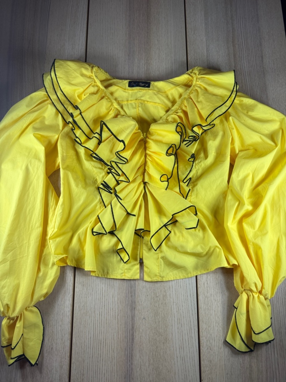 Studio Mariya Europe Yellow Ruffle Zip Front Puff Sleeve Blouse Black Trim